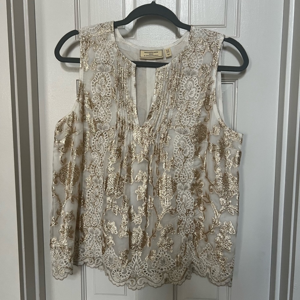Moulinette Soeurs Ivory Sheer Sleeveless Top with Gold Embroidery